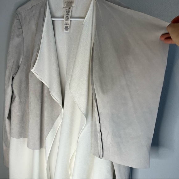 Chico's Open Front Faux Suede Jacket Jacket Sz L White Gray Layered Office - Picture 9 of 15